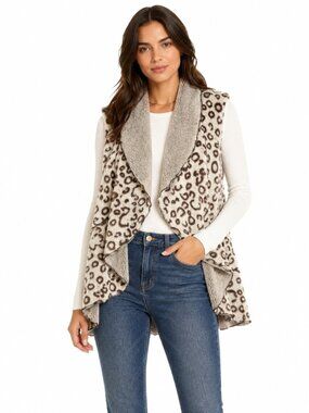 VINE STREET APPAREL Cream and Brown Leopard Faux-Shearling Vest Medium